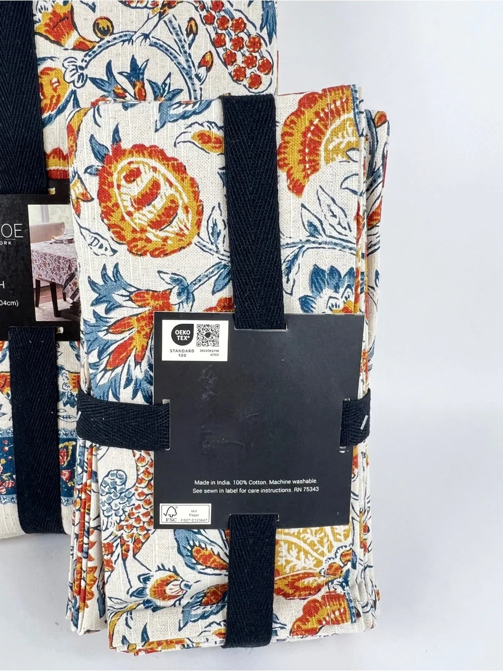 Rachel Zoe FALL Tablecloth 6 Napkins Blue Orange Cream Floral Birds 60 x 120 NEW